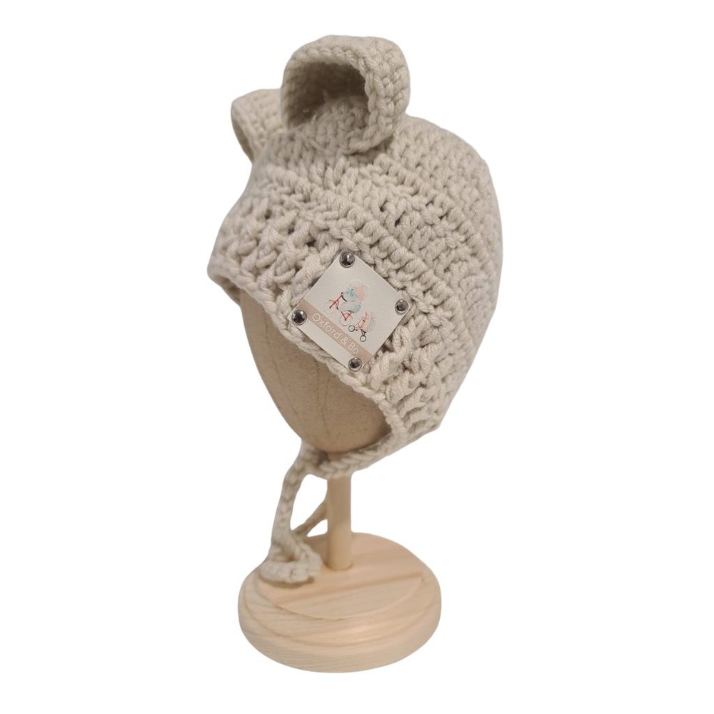 Finn Crocheted Bear Beanie With Ties, Cream